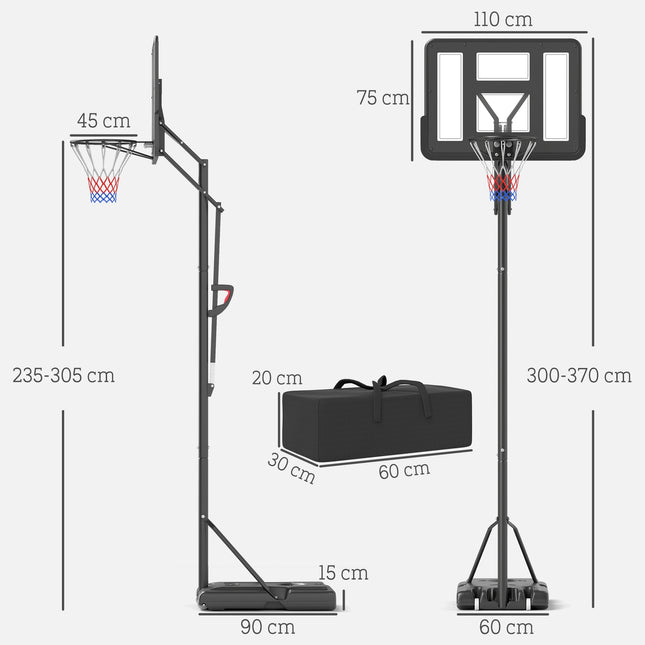 Adjustable outdoor basketball hoop with wheels, 230-305 cm
