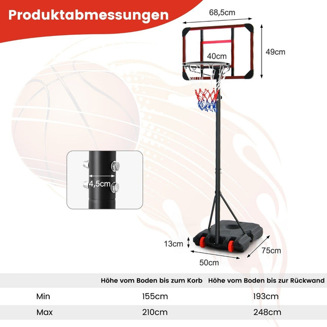 Outdoor basketball hoop with stand 155-210cm height-adjustable basketball stand black