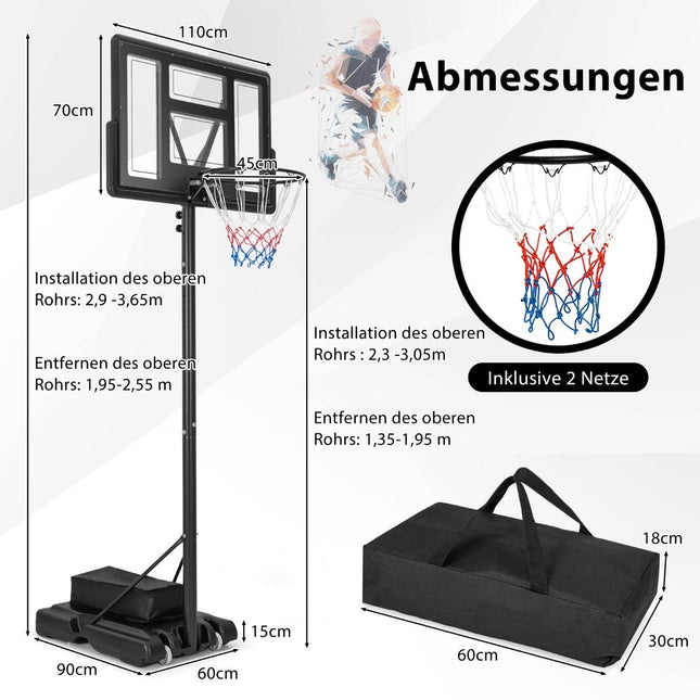 Outdoor basketball hoop with stand & nets 135-305 cm height-adjustable basketball stand