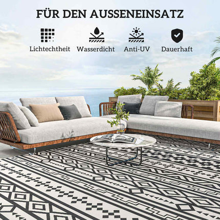 Buitentapijt, robuust weerbestendig buitentapijt, opvouwbaar tapijt in boho-stijl, buitentapijt voor woonkamer, balkon, tuin, terras, badkamer, hal, keuken, 548 x 274 cm zwart + wit Aosoom
