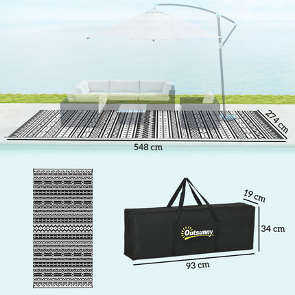 Buitentapijt, robuust weerbestendig buitentapijt, opvouwbaar tapijt in boho-stijl, buitentapijt voor woonkamer, balkon, tuin, terras, badkamer, hal, keuken, 548 x 274 cm zwart + wit Aosoom