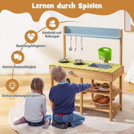 Outdoor children's mud kitchen with water function & hooks & removable shelf play kitchen