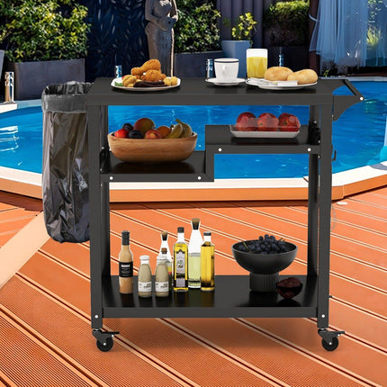 Outdoor grill cart with three shelves, 4 lockable wheels, hook and side handle, black
