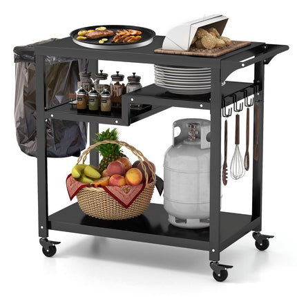Outdoor grill cart with three shelves, 4 lockable wheels, hook and side handle, black