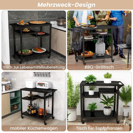 Outdoor grill cart with three shelves, 4 lockable wheels, hook and side handle, black