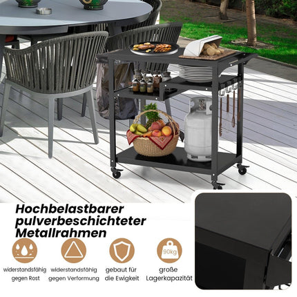 Outdoor grill cart with three shelves, 4 lockable wheels, hook and side handle, black