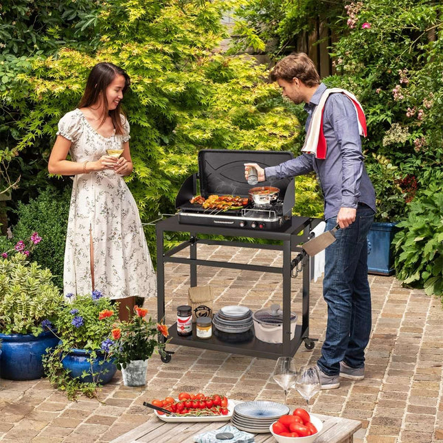 Outdoor grill cart with two shelves, 4 lockable wheels and side handle, black