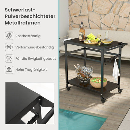 Outdoor grill cart with two shelves, 4 lockable wheels and side handle, black