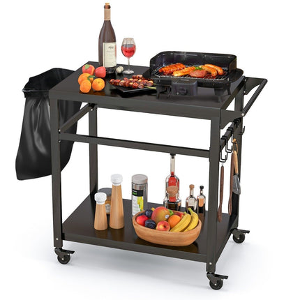 Outdoor grill cart with two shelves, 4 lockable wheels and side handle, black