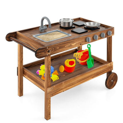 Outdoor play kitchen with 2 wheels & 1 push handle & rotating tap & removable sink in fir wood