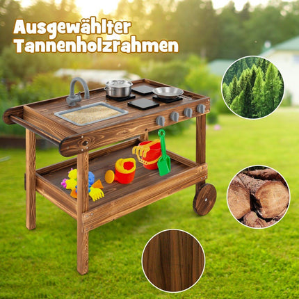 Outdoor play kitchen with 2 wheels & 1 push handle & rotating tap & removable sink in fir wood