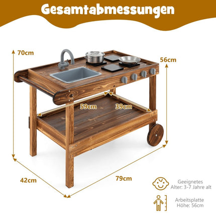 Outdoor play kitchen with 2 wheels & 1 push handle & rotating tap & removable sink in fir wood