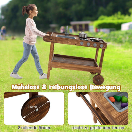 Outdoor play kitchen with 2 wheels & 1 push handle & rotating tap & removable sink in fir wood