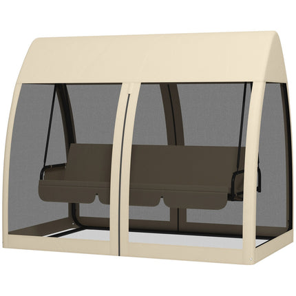 Outsuuny 2 in 1 Hollywood-schommel met ligfunctie, 3-zits tuinschommel met luifel, klamboe, schommelbank belastbaar tot 300 kg, tuinligstoel voor tuin, terras, 240 x 140 x 197 cm, koffie