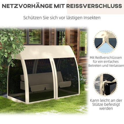 Outsuuny 2 in 1 Hollywood-schommel met ligfunctie, 3-zits tuinschommel met luifel, klamboe, schommelbank belastbaar tot 300 kg, tuinligstoel voor tuin, terras, 240 x 140 x 197 cm, koffie