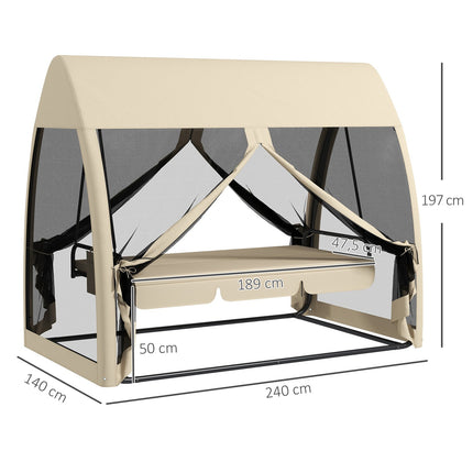 Outsuuny 2 in 1 Hollywood-schommel met ligfunctie, 3-zits tuinschommel met luifel, klamboe, schommelbank belastbaar tot 300 kg, tuinligstoel voor tuin, terras, 240 x 140 x 197 cm, koffie
