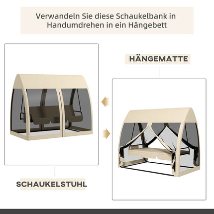 Outsuuny 2 in 1 Hollywood-schommel met ligfunctie, 3-zits tuinschommel met luifel, klamboe, schommelbank belastbaar tot 300 kg, tuinligstoel voor tuin, terras, 240 x 140 x 197 cm, koffie