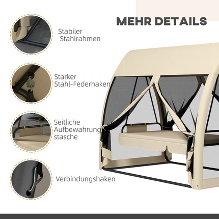 Outsuuny 2 in 1 Hollywood-schommel met ligfunctie, 3-zits tuinschommel met luifel, klamboe, schommelbank belastbaar tot 300 kg, tuinligstoel voor tuin, terras, 240 x 140 x 197 cm, koffie