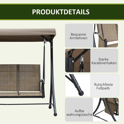 Outsuuny Hollywood-schommel met zijvak, 3-zits tuinschommel met verstelbare zonnekap, schommelbank belastbaar tot 300 kg, voor tuin, terras, 196 x 128 x 172 cm, bruin Aosom