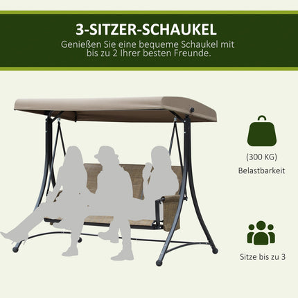 Outsuuny Hollywood-schommel met zijvak, 3-zits tuinschommel met verstelbare zonnekap, schommelbank belastbaar tot 300 kg, voor tuin, terras, 196 x 128 x 172 cm, bruin Aosom