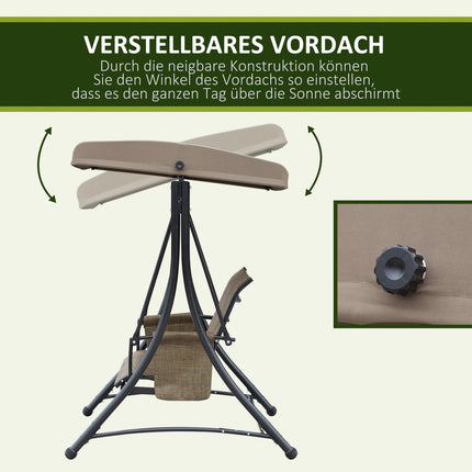 Outsuuny Hollywood-schommel met zijvak, 3-zits tuinschommel met verstelbare zonnekap, schommelbank belastbaar tot 300 kg, voor tuin, terras, 196 x 128 x 172 cm, bruin Aosom
