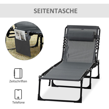 Outsuuny opvouwbare ligstoel tuinligstoel met kussen, zijvak, ligstoel met 5-voudig verstelbare rugleuning, weerbestendige campingligstoel belastbaar tot 120 kg, voor tuinstrandzwembad, grijs