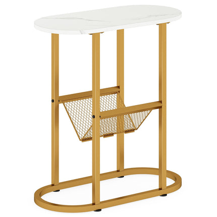 Oval 2-Tier Side Table with Magazine Rack, White
