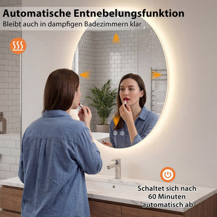 Oval Bathroom Mirror 70x50 cm, LED, Anti-Fog, Dimmable