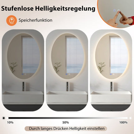 Oval Bathroom Mirror 70x50 cm, LED, Anti-Fog, Dimmable