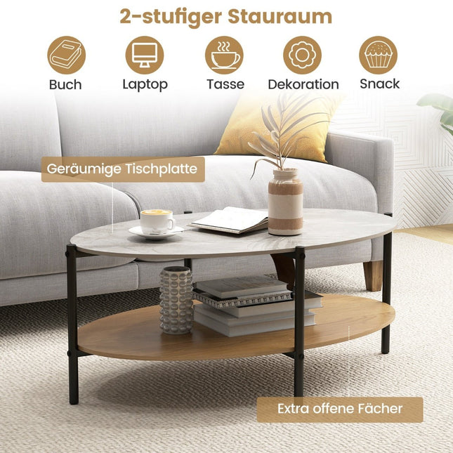 Oval Coffee Table, Marble Look, Metal Frame, 2-Tier, 105x65x43 cm