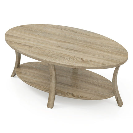 Oval Coffee Table with Shelf, 2-Tier Rubberwood Design
