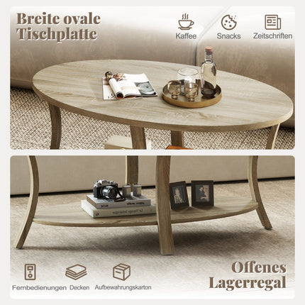 Oval Coffee Table with Shelf, 2-Tier Rubberwood Design