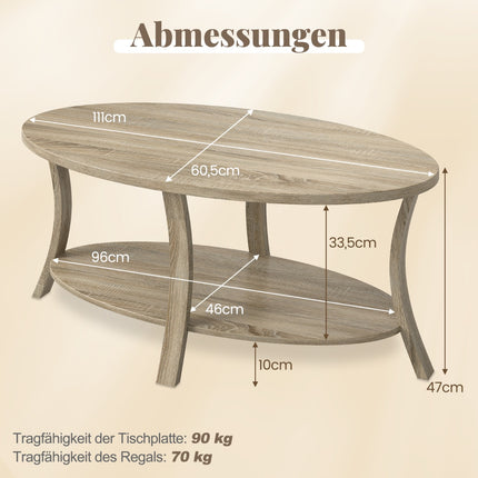 Oval Coffee Table with Shelf, 2-Tier Rubberwood Design