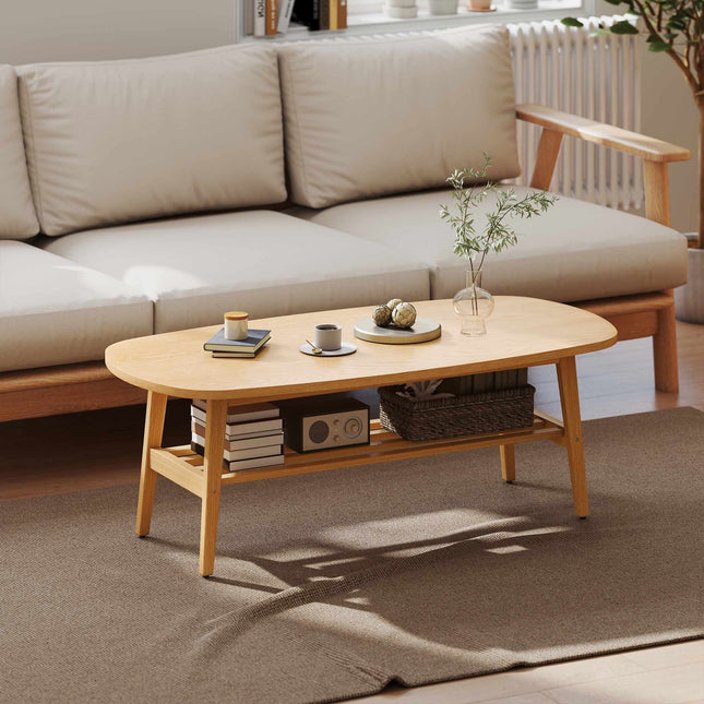 Oval Coffee Table with Shelf, Natural Wood, 120x60x42 cm