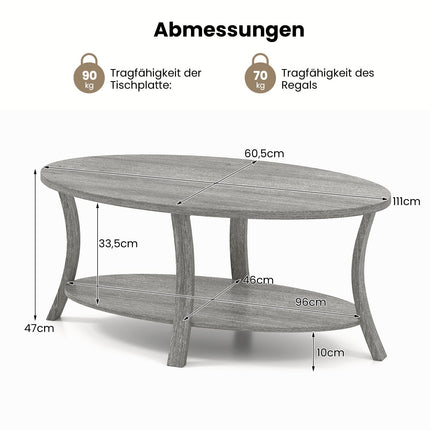 Oval Coffee Table with Shelf, Rubberwood, 2-Tier, Gray