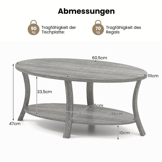Oval Coffee Table with Shelf, Rubberwood, 2-Tier, Gray