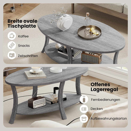 Oval Coffee Table with Shelf, Rubberwood, 2-Tier, Gray