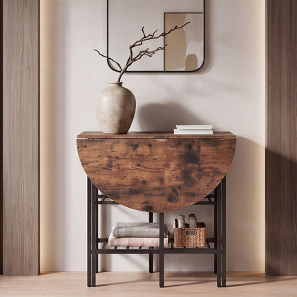 Oval Folding Dining Table with Shelves, Metal Frame, Brown