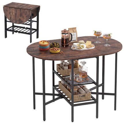 Oval Folding Dining Table with Shelves, Metal Frame, Brown
