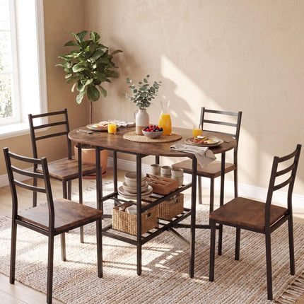 Oval Folding Dining Table with Shelves, Metal Frame, Brown