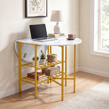 Oval Folding Table with Shelves, Metal Frame, White
