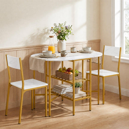 Oval Folding Table with Shelves, Metal Frame, White