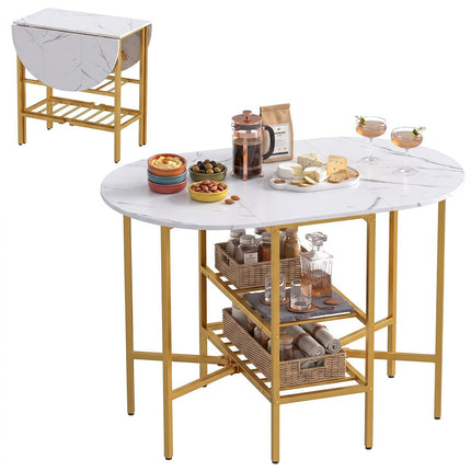 Oval Folding Table with Shelves, Metal Frame, White