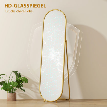 Oval Full-Length Mirror, Freestanding Metal Frame, Gold, 50x180cm