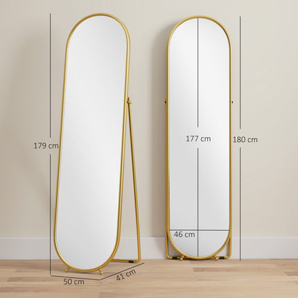 Oval Full-Length Mirror, Freestanding Metal Frame, Gold, 50x180cm