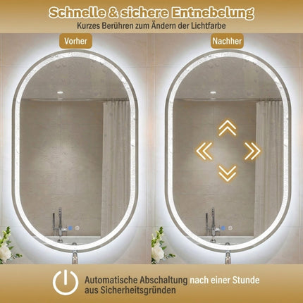 Oval LED Bathroom Mirror, 90x55 cm, Anti-Fog, Dimmable