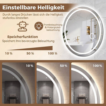 Oval LED Bathroom Mirror, Dimmable, 60x50 cm, 3 Light Colors