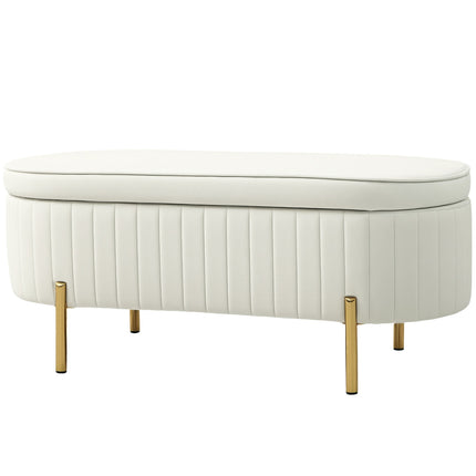 Oval Storage Bench with Gold Legs, Velvet Upholstery, Cream