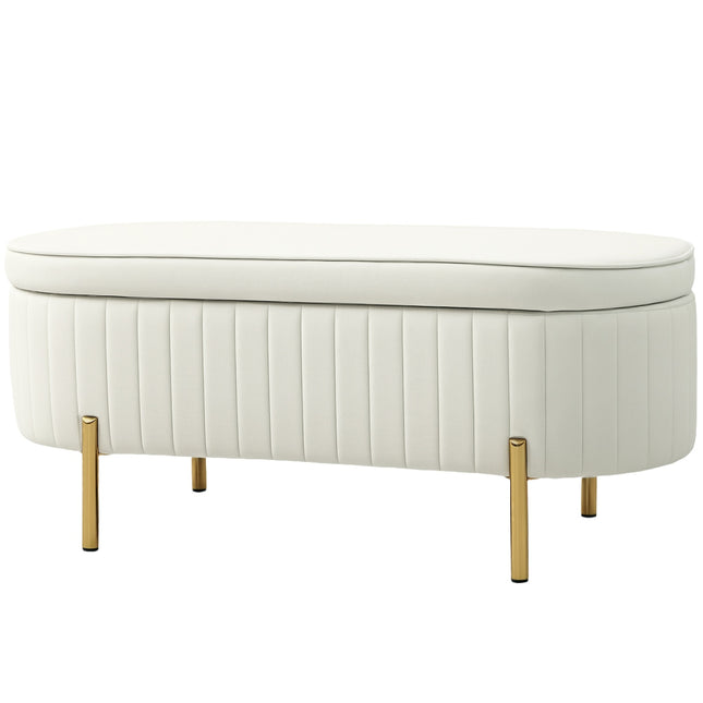 Ovale opbergbank met gouden poten, fluwelen bekleding, crème