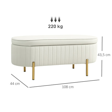 Oval Storage Bench with Gold Legs, Velvet Upholstery, Cream